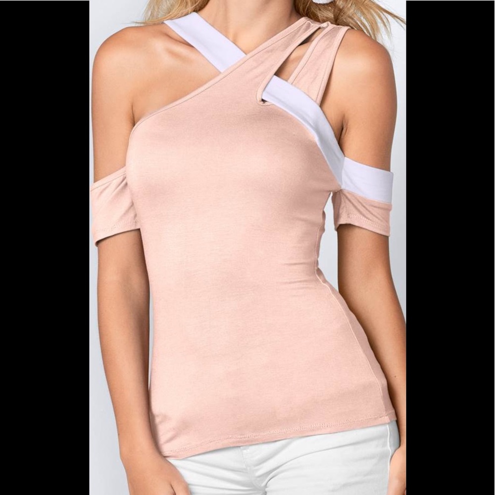 Asymmetrical,blouse,t-shirt detail neckline, bare shoulder style,white Pink